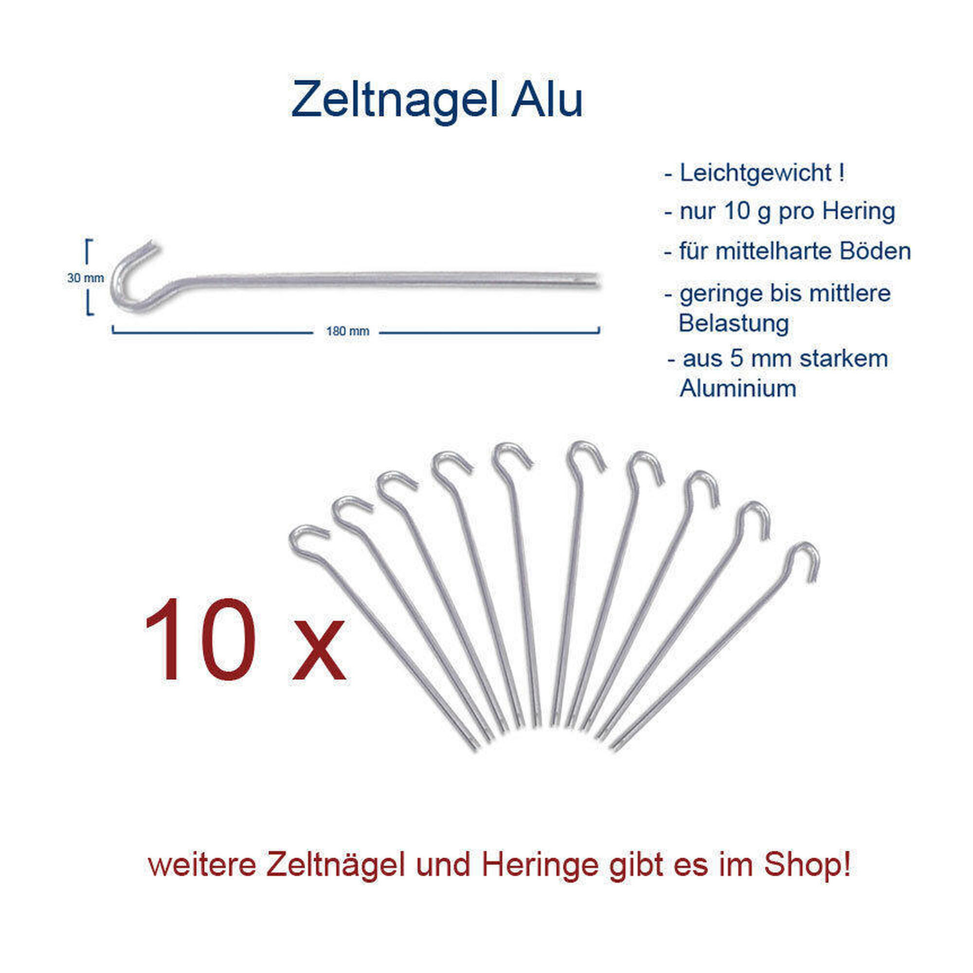 10 x Alu Heringe 18 cm Felsnagel Zelt Hering Erdnagel 5 mm Nägel 10 g leicht