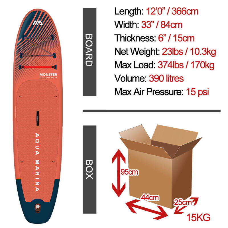 Stand Up Paddle gonflabil AQUA MARINA MONSTER 12'0” SUP Board Surfboard Paddle
