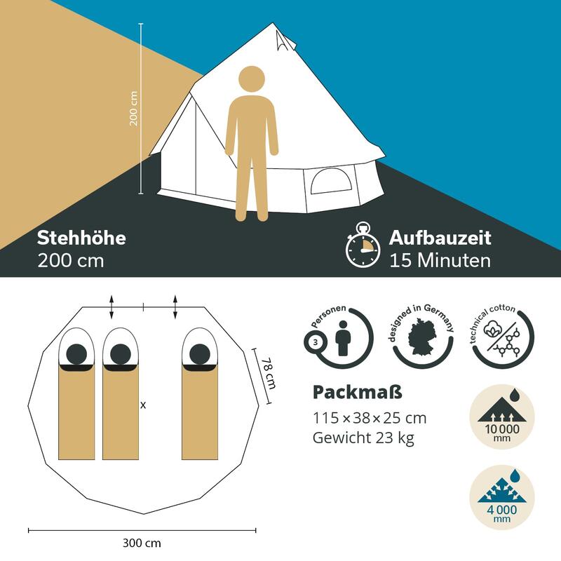 Namiot kempingowy Tipi Jatuni 300 Protect, 3-osobowy, 1 duża sypialnia