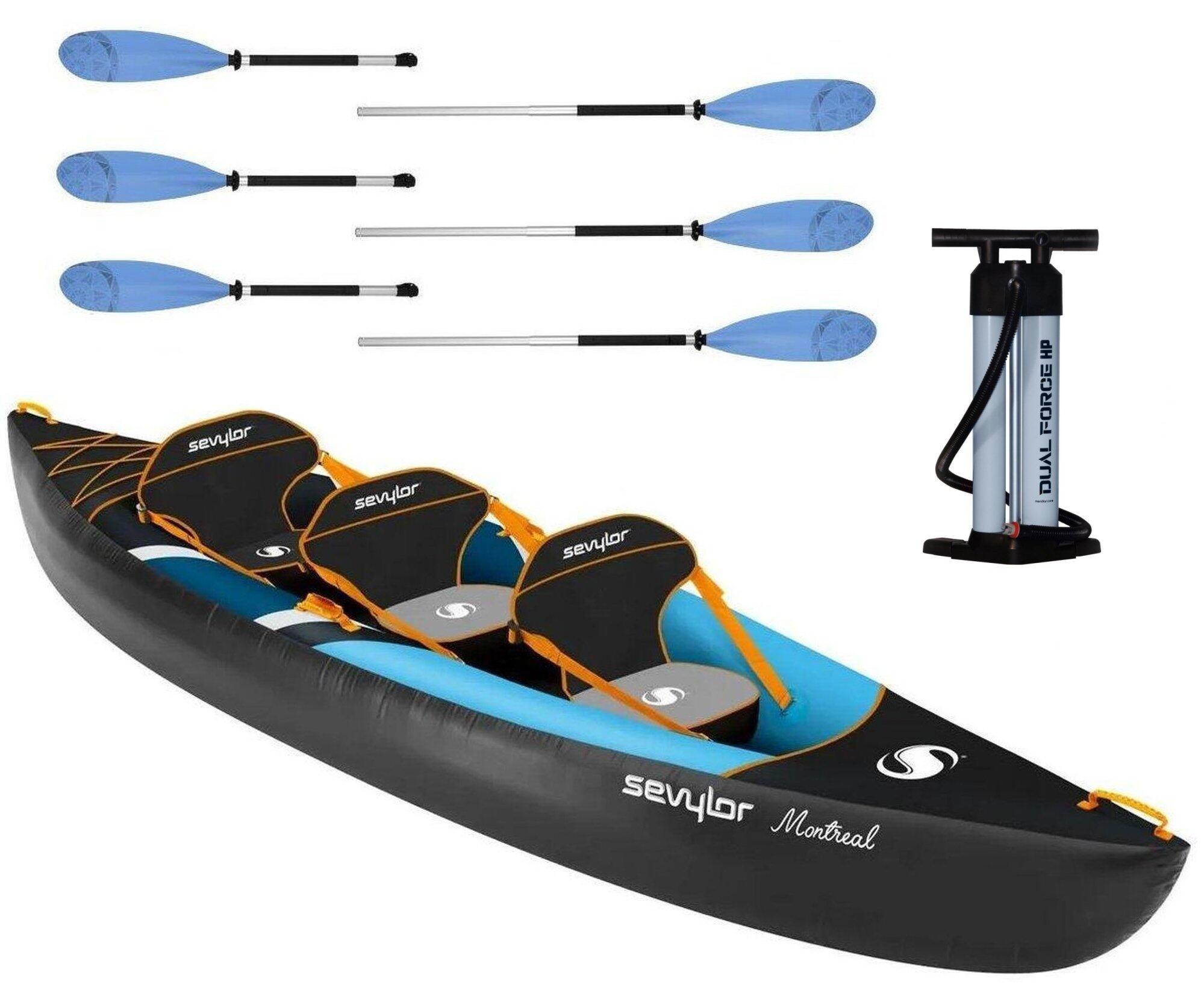 Montreal 3 Person inflatable Kayak kit with Paddles & Pump - Blue / Black 1/7