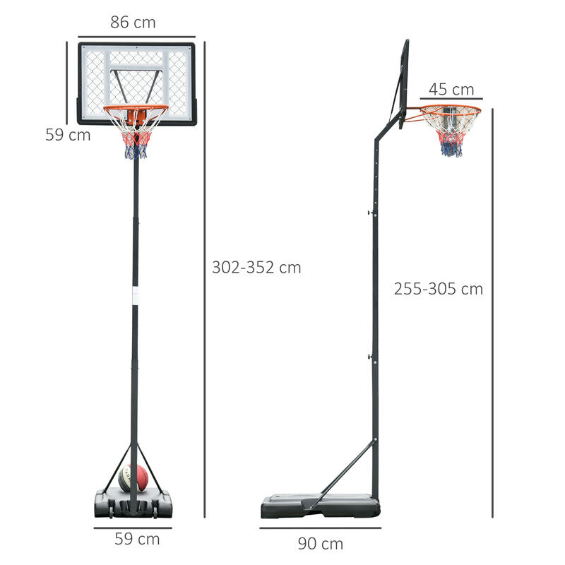 Tabela de Basquetebol Portátil Altura Ajustável 86x153x250-350 cm Preto