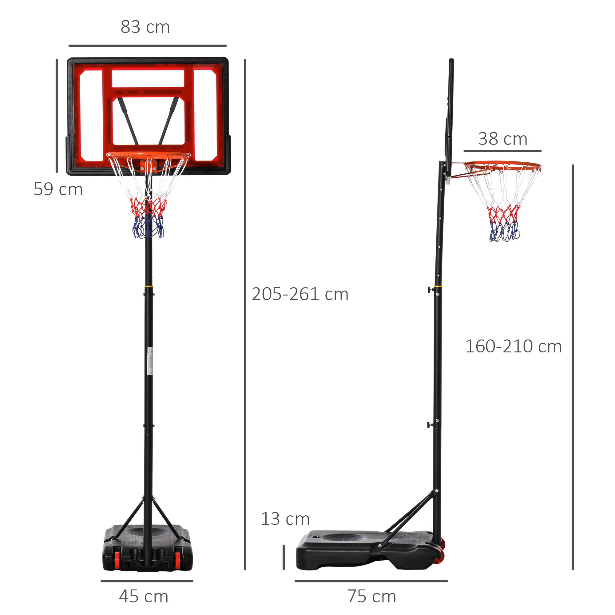 Tabela de Basquetebol Ajustável de 160-210cm Vermelho e Preto 3/7