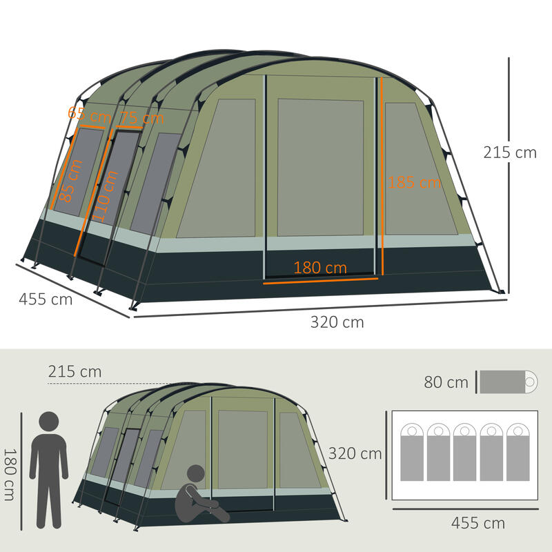Tenda de Campismo 455x320x215 cm Verde escuro Outsunny