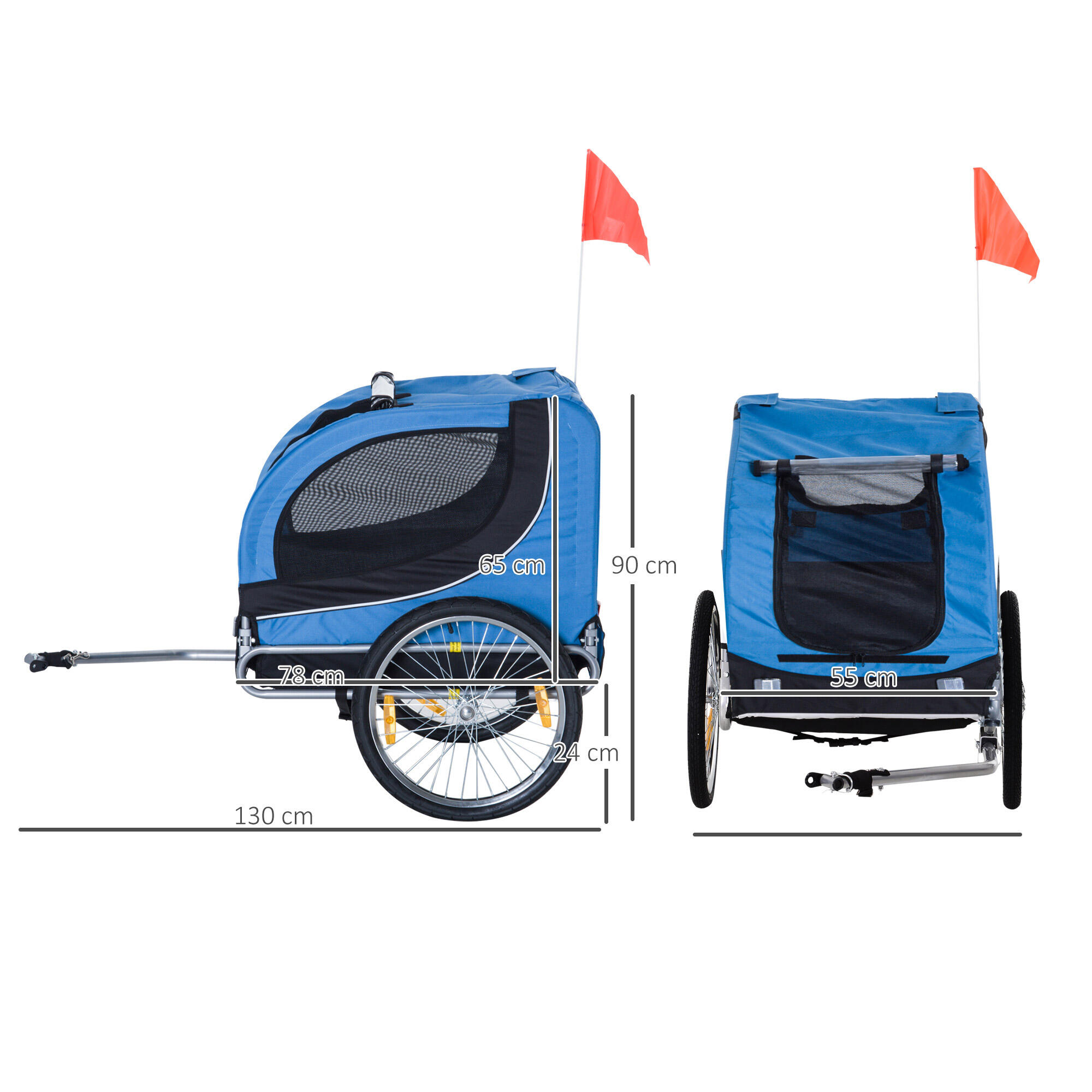 Remolque Bicicleta de Mascota PawHut 130x73x90 cm Azul 3/6