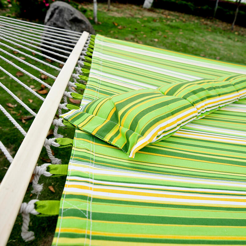 Cama de  Rede para Campismo Outsunny 284x140 cm Verde e Listras Amarelas