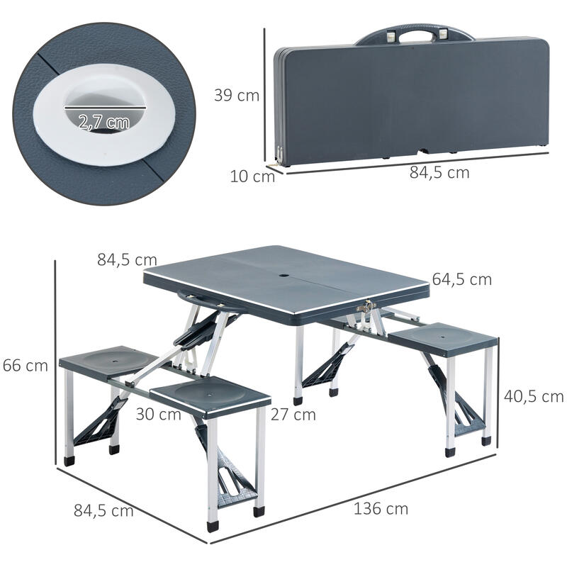 Mesa Campismo Dobrável 136x84,5x66 cm Cinza Outsunny