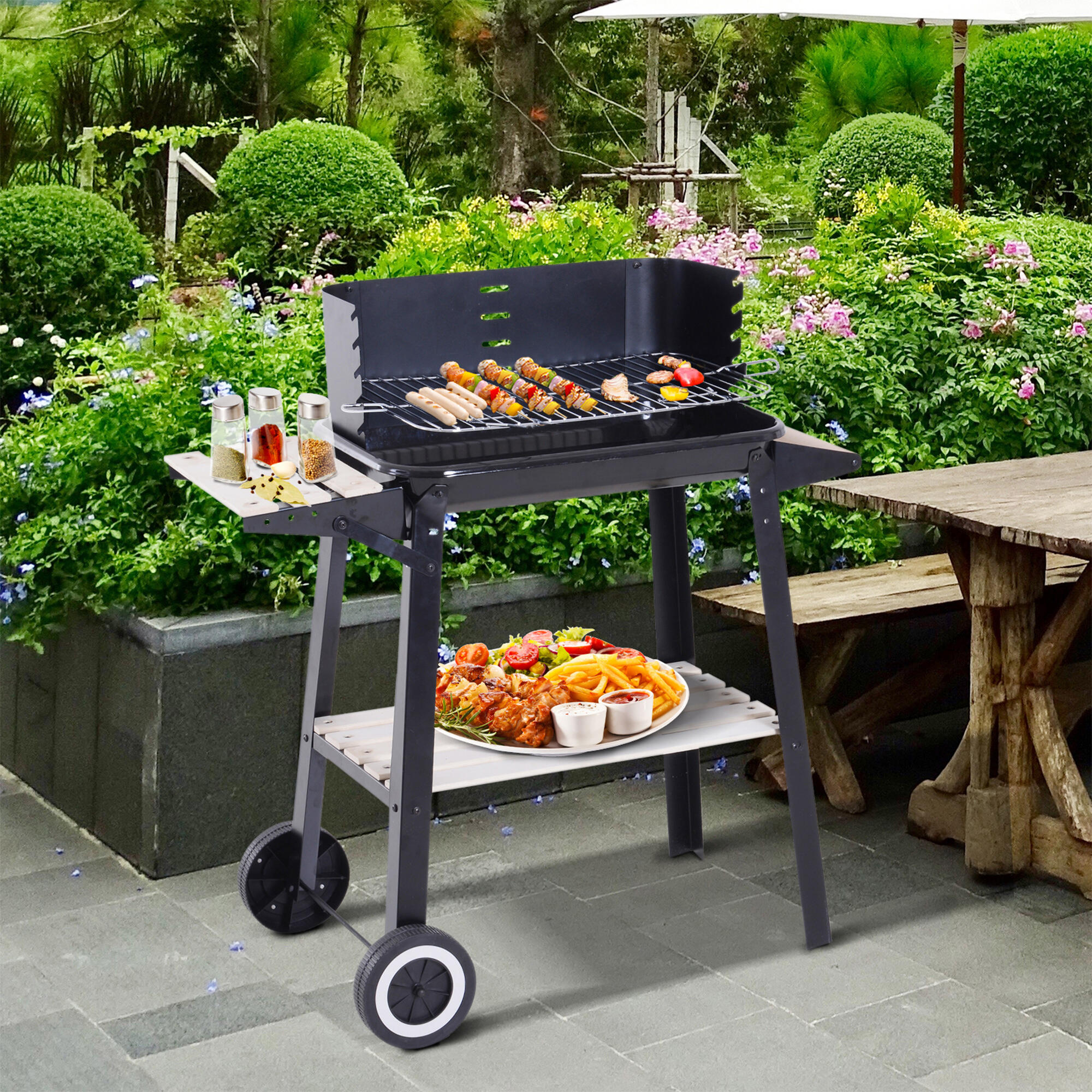Outsunny Barbecue a Carbone con Griglia ad Altezza Regolabile e Ruote 2/8
