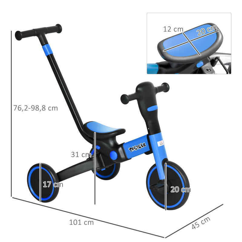 Triciclo Infantil HOMCOM 101x45x76,2-98,8cm azul