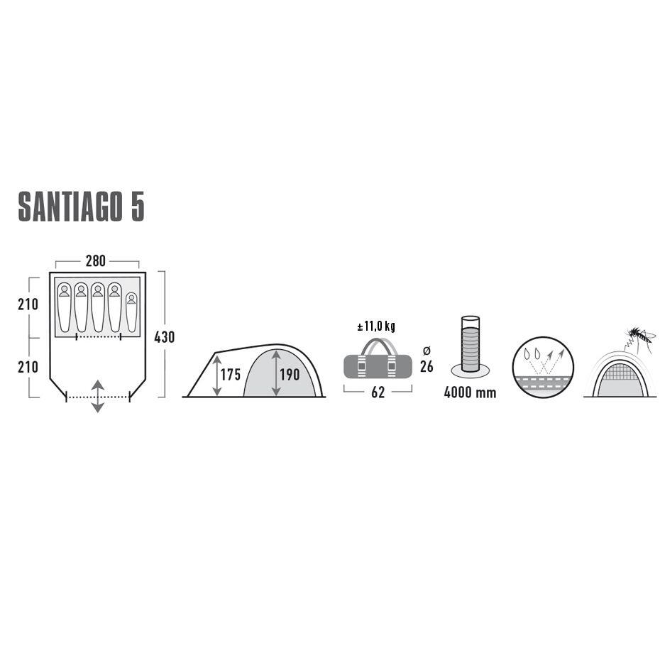 Tenda a cupola Santiago 5 persone familiare da Campeggio grande vestibolo 7/8