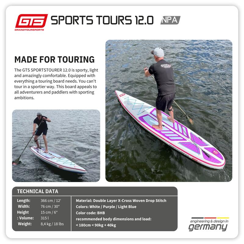 Opblaasbaar SUP-Board Paddle 'SPORTSTOURER 12.0 x 30' Premium Kwaliteit