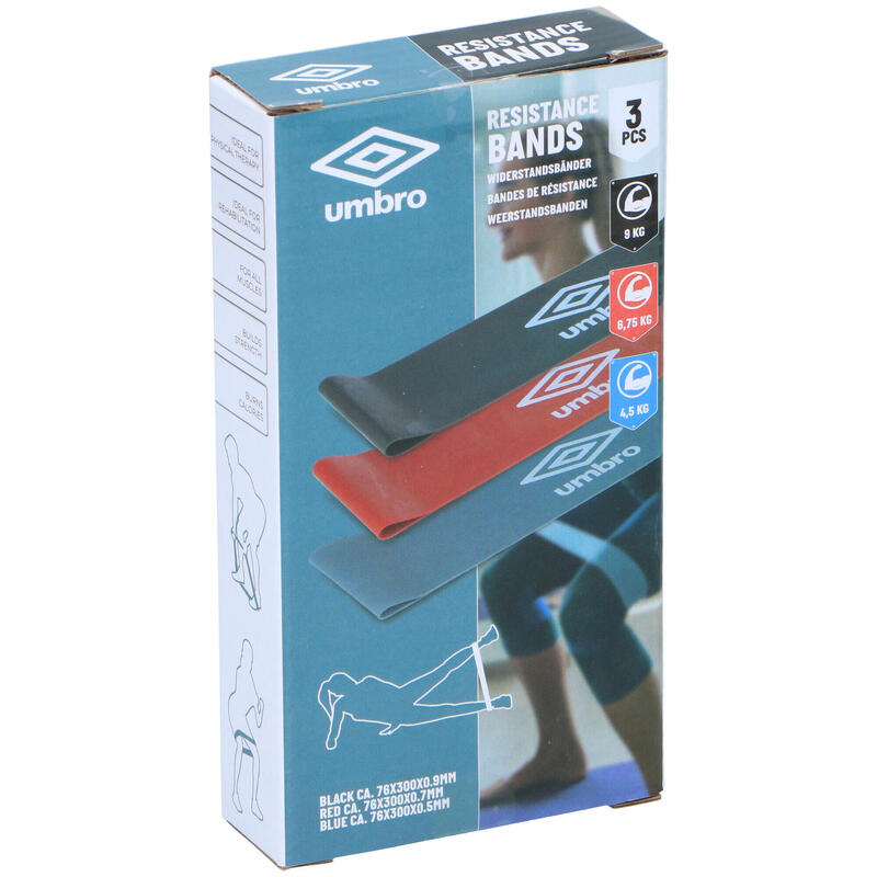 Set 3 benzi elastice fitness, Umbro®, niveluri diferite de rezistență, 30x7,6 cm