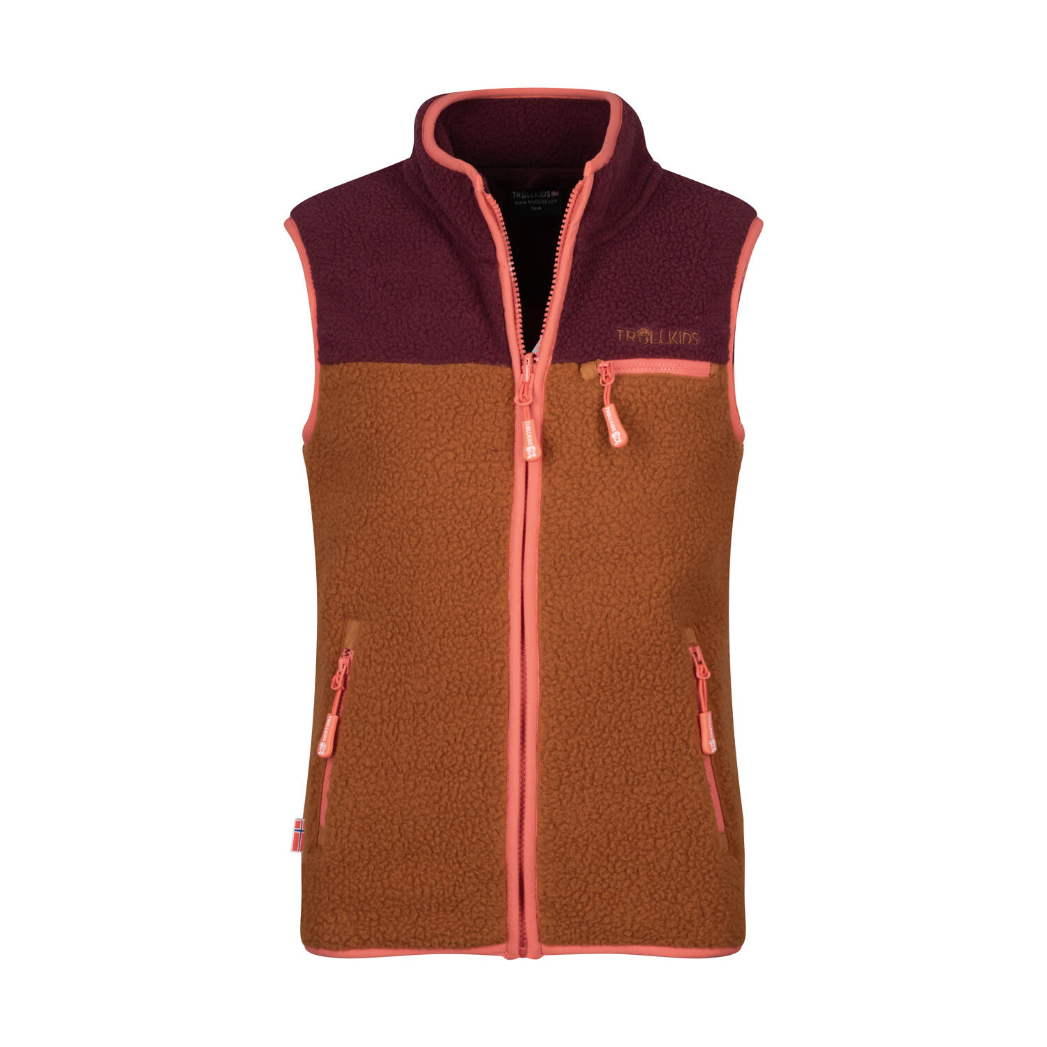 Hemsedal children's fleece vest burgundy red/caramel brown/salmon pink