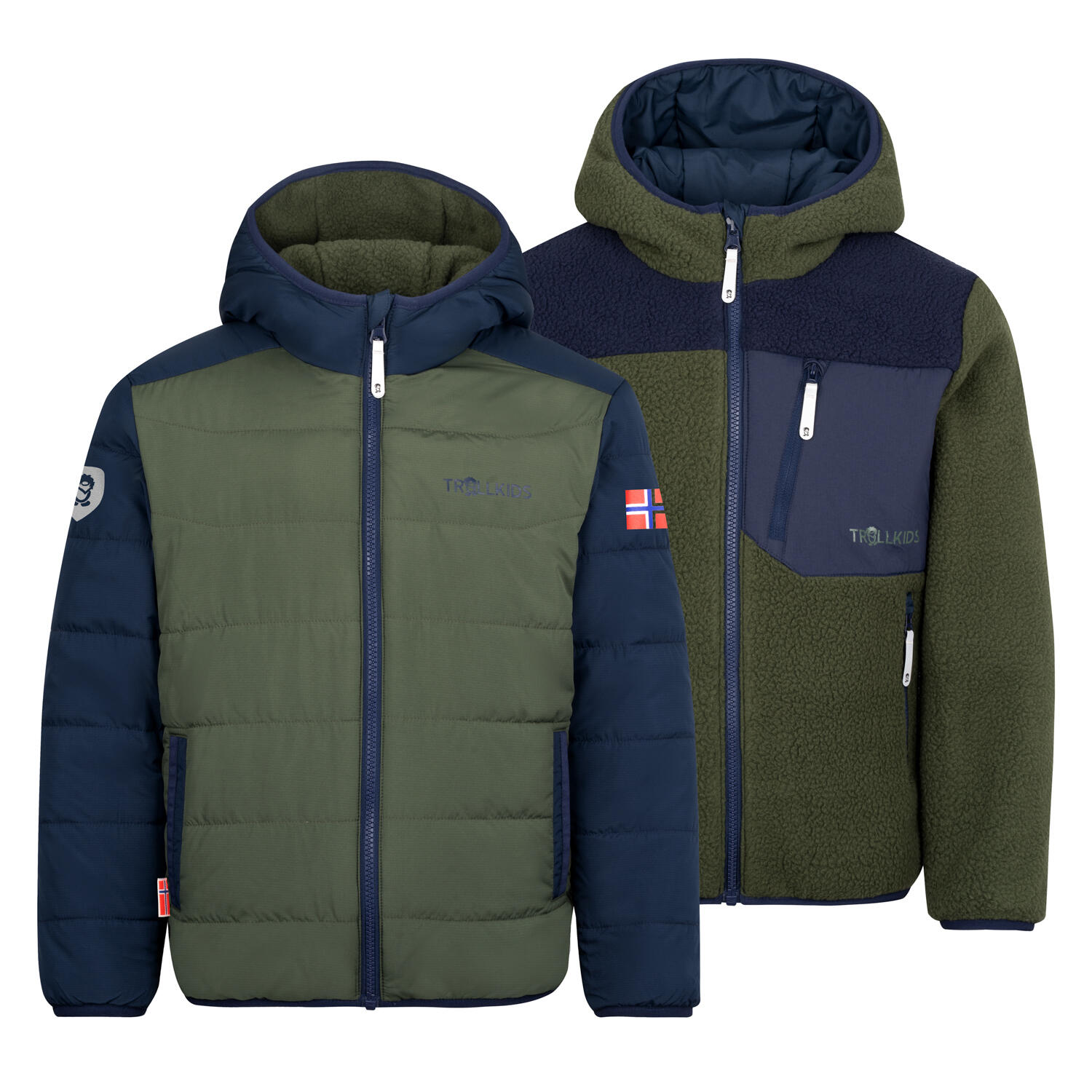 TROLLKIDS winddichte Kinder Jacke mit Reißverschlusstaschen SANDVIKA Efeugrün/Marine