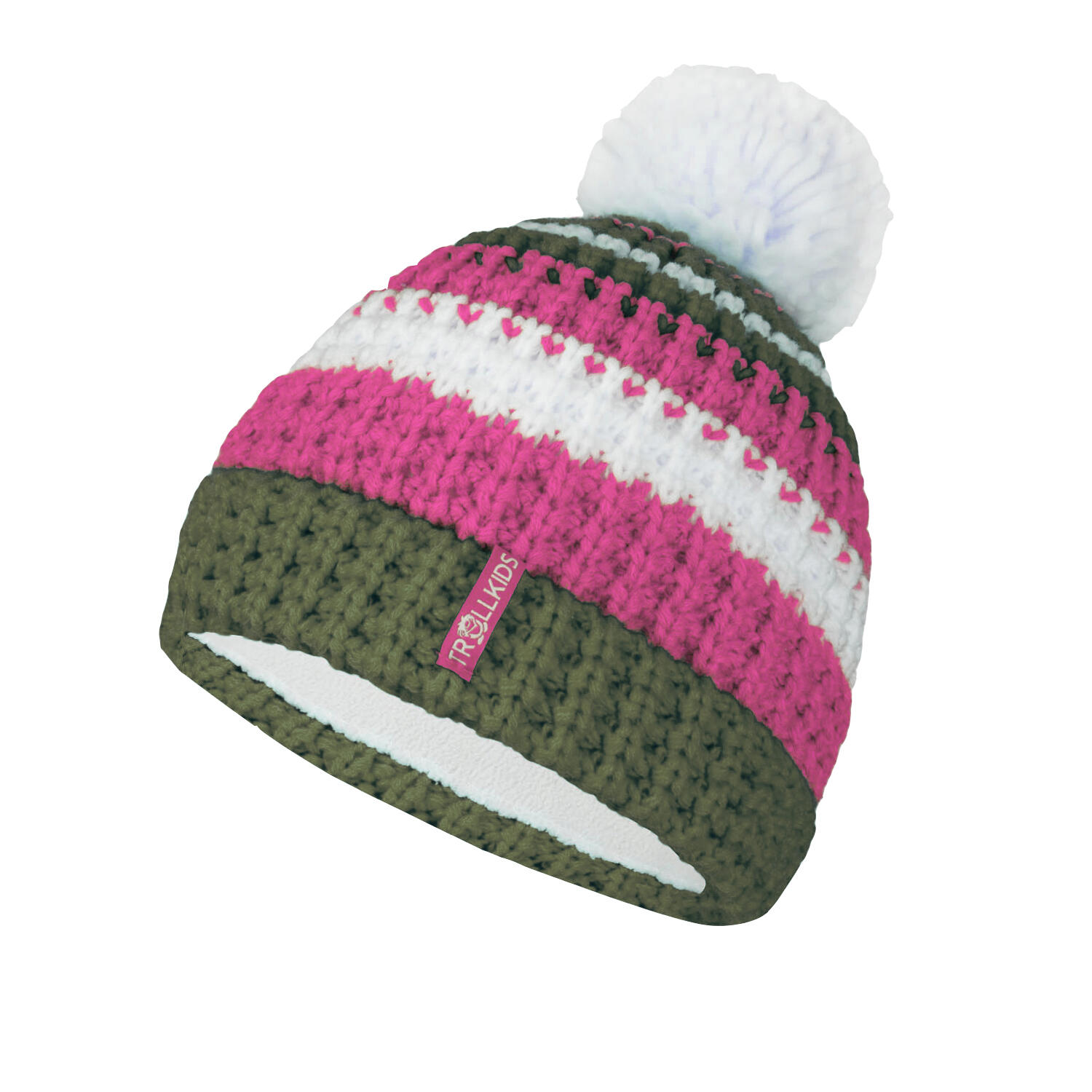 TROLLKIDS Kinder Bommelmütze Hallingdal Dunkle Olive/Hellmagenta