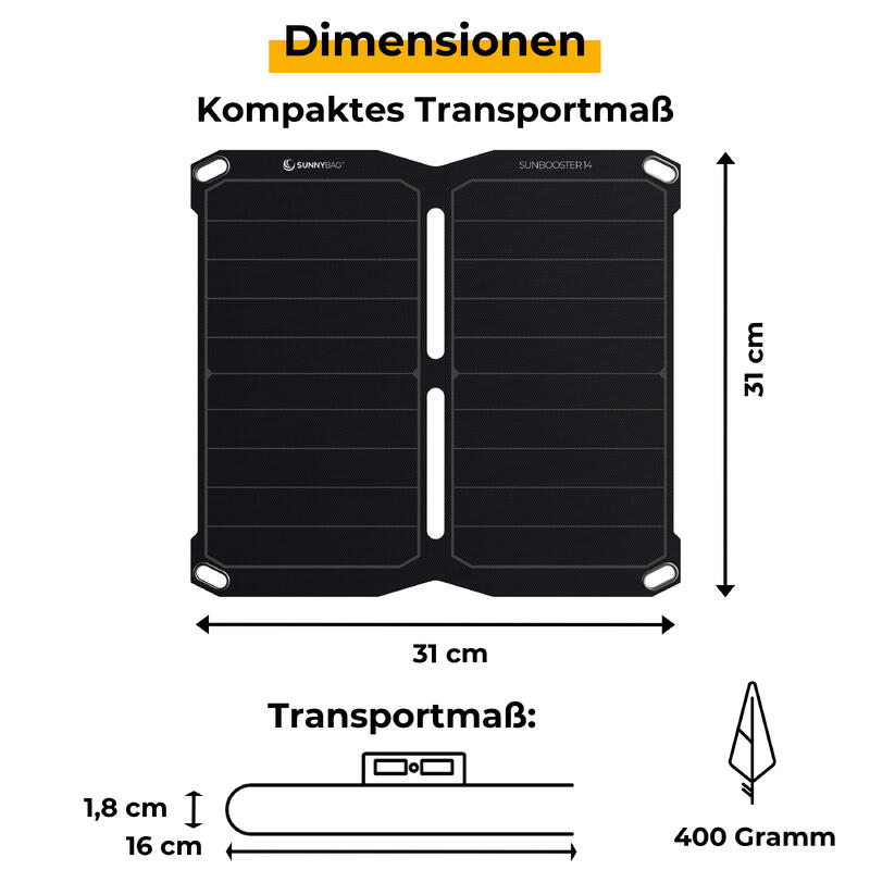 SUNBOOSTER 14 | Faltbares 14W Solarladegerät | Externe Batterie USB-Anschluss