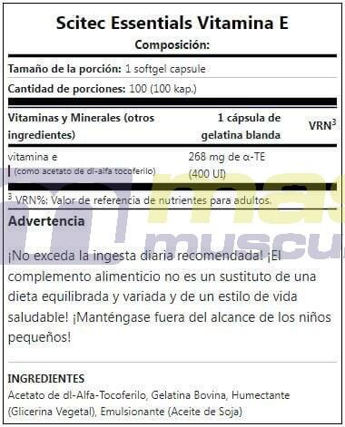 Vitamina E (400 IU) - 100 Cápsulas de Scitec Nutrition 3/3