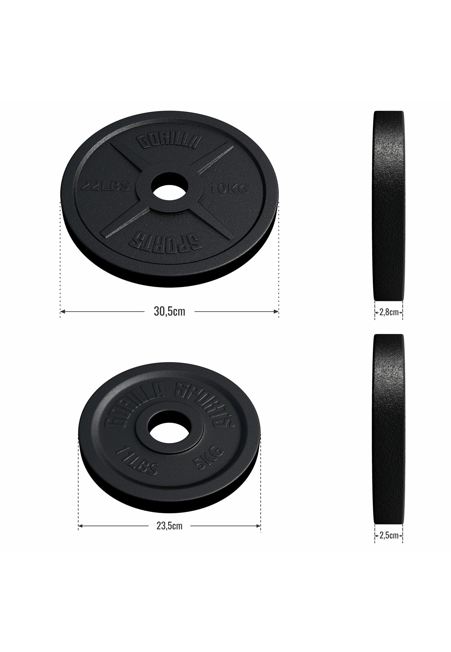Halterschijven 30 kg - 2x5+2x10 kg - Gietijzer - Zwart - 50 mm - 3/6