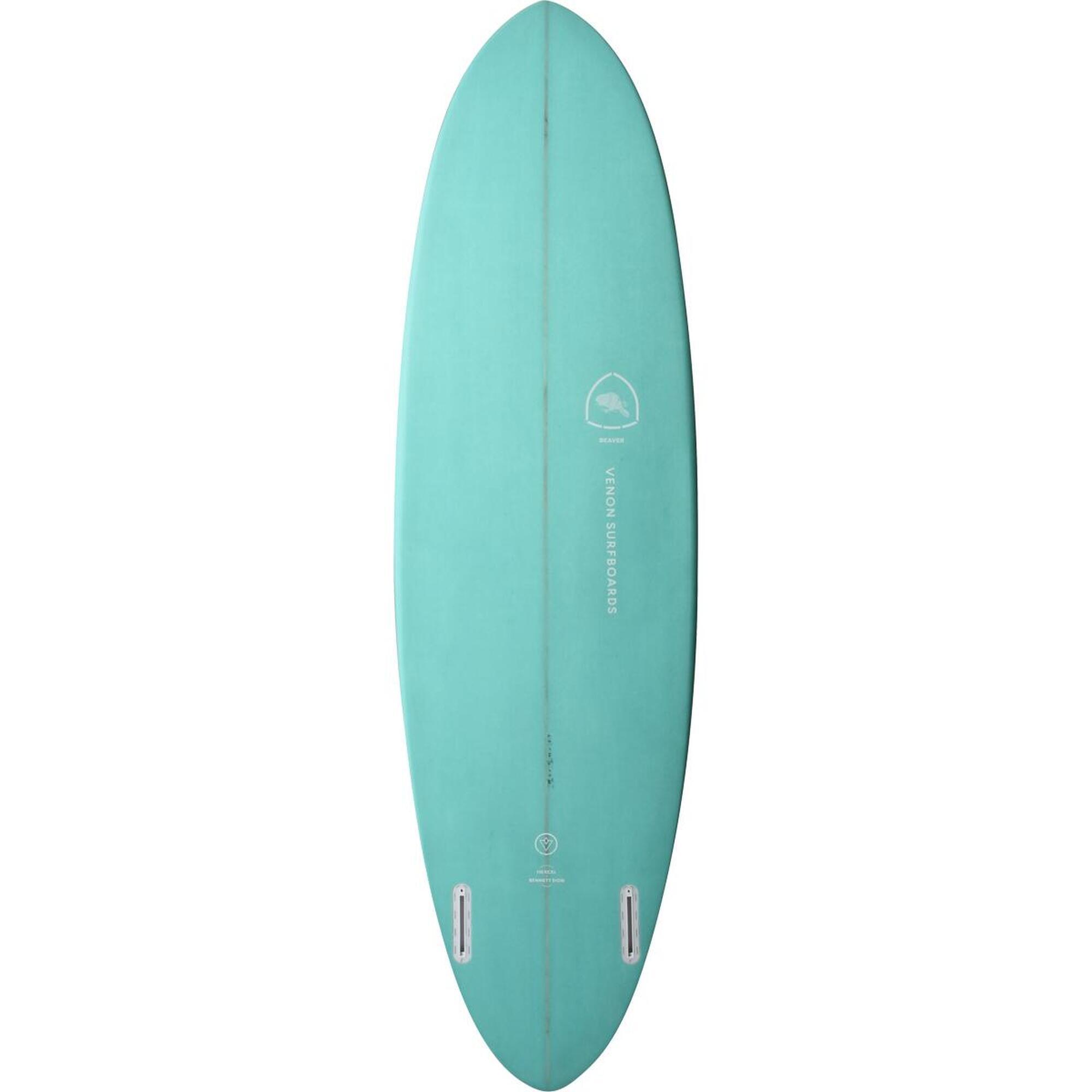 Planche de surf BEAVER Mid Length Twin Pin White Deck Teal 6'6"