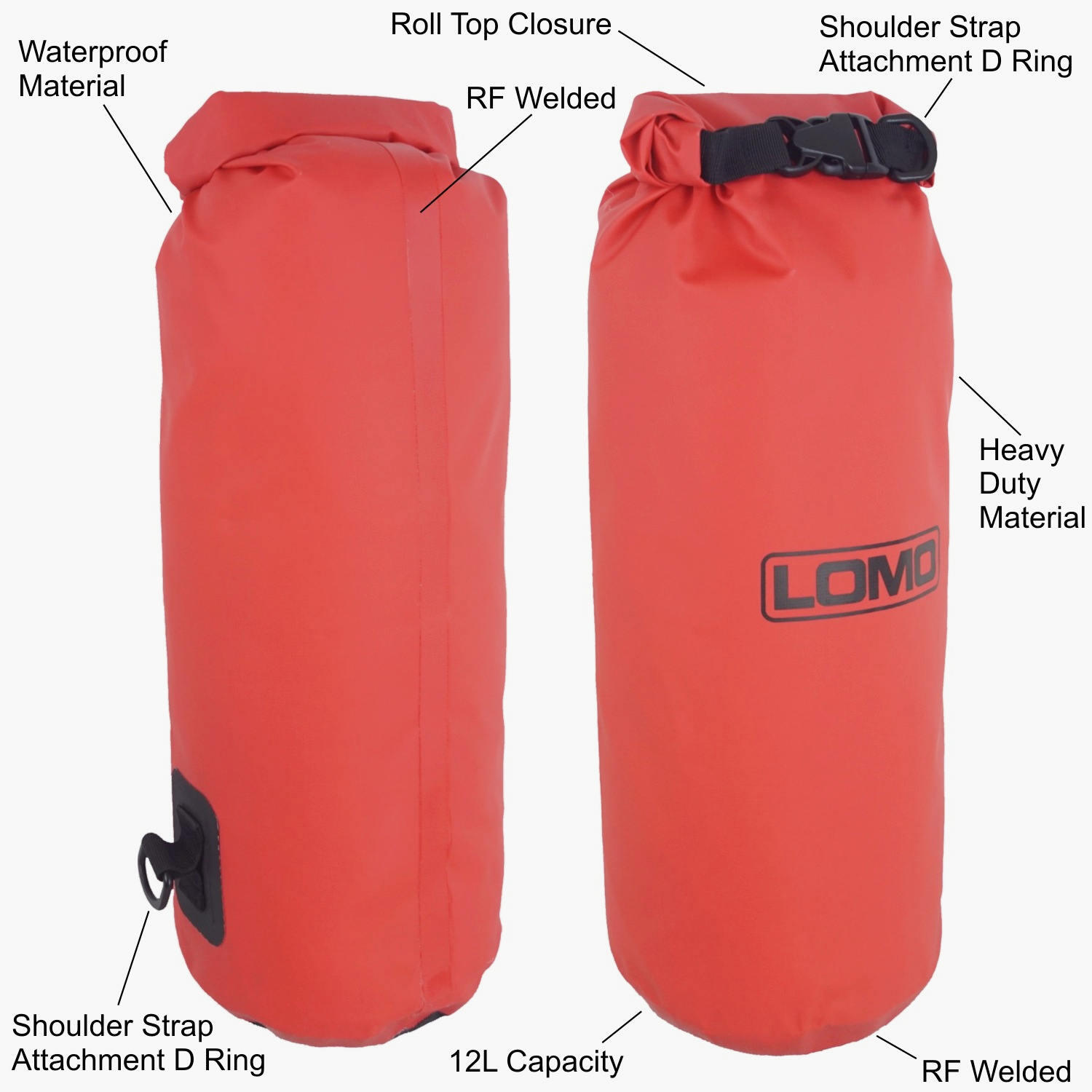 Lomo 12L Drybags - Red heavy duty with shoulder strap 3/7