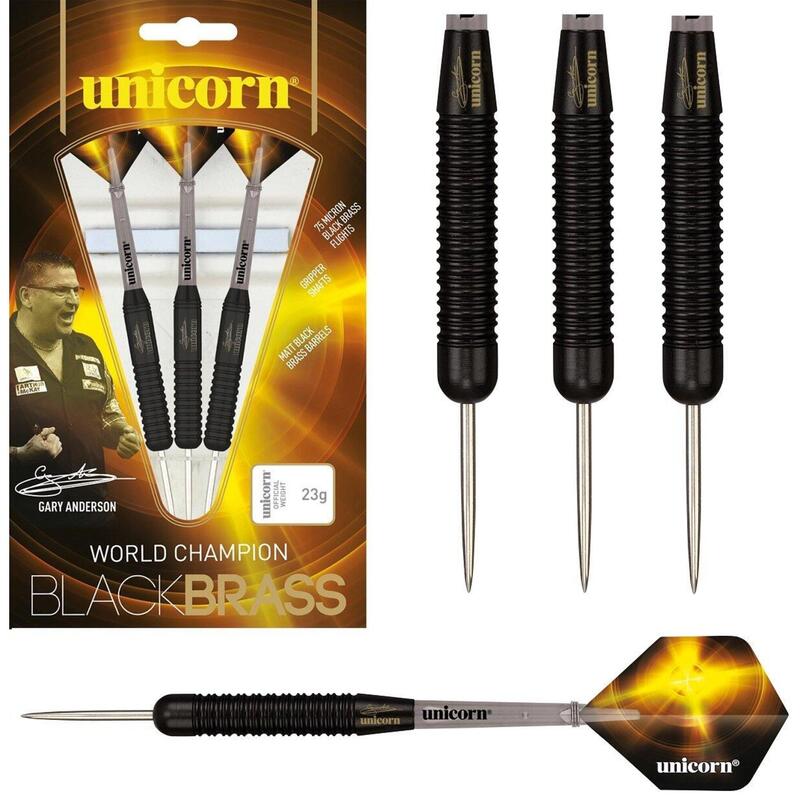 Unicorn Gary Anderson Brass dartpijlen steeltip 23g messing zwart/geel