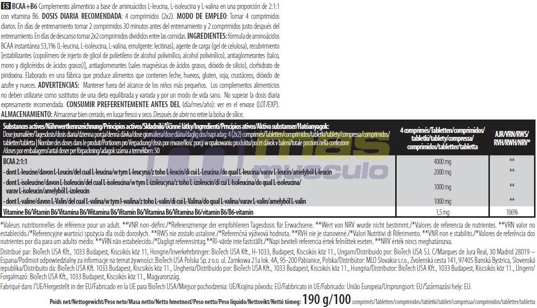 BCAA+B6 - 100 Tabletas Biotech USA 5/5