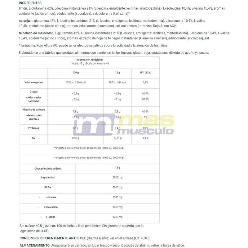 Aminoacidos Bcaa + Glutamine Zero 480 Gr Melocotón - Biotech USA