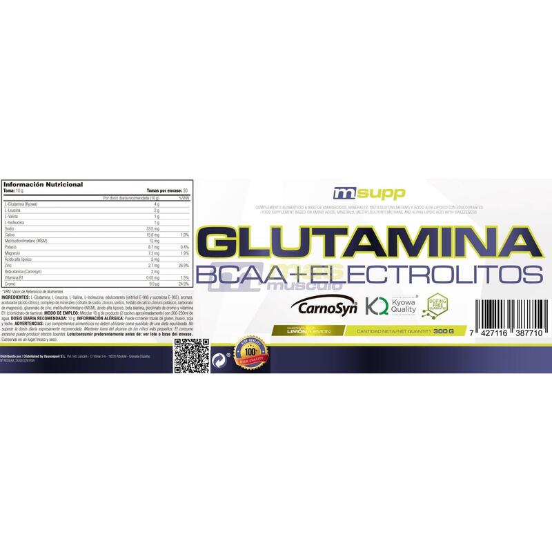 Glutamina + BCAA + Electrolitos - 300g Limon de MM Supplements