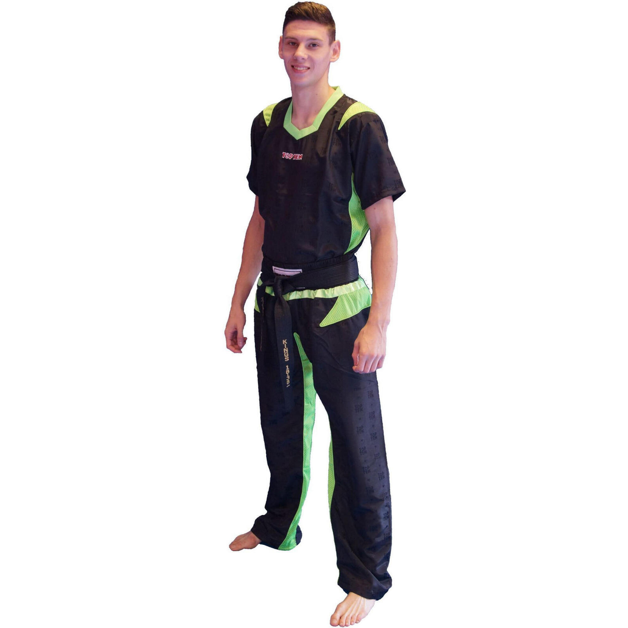 Uniforma Kickboxing "TTM", aprobat WAKO, Top Ten, Negru-Verde, 140 cm