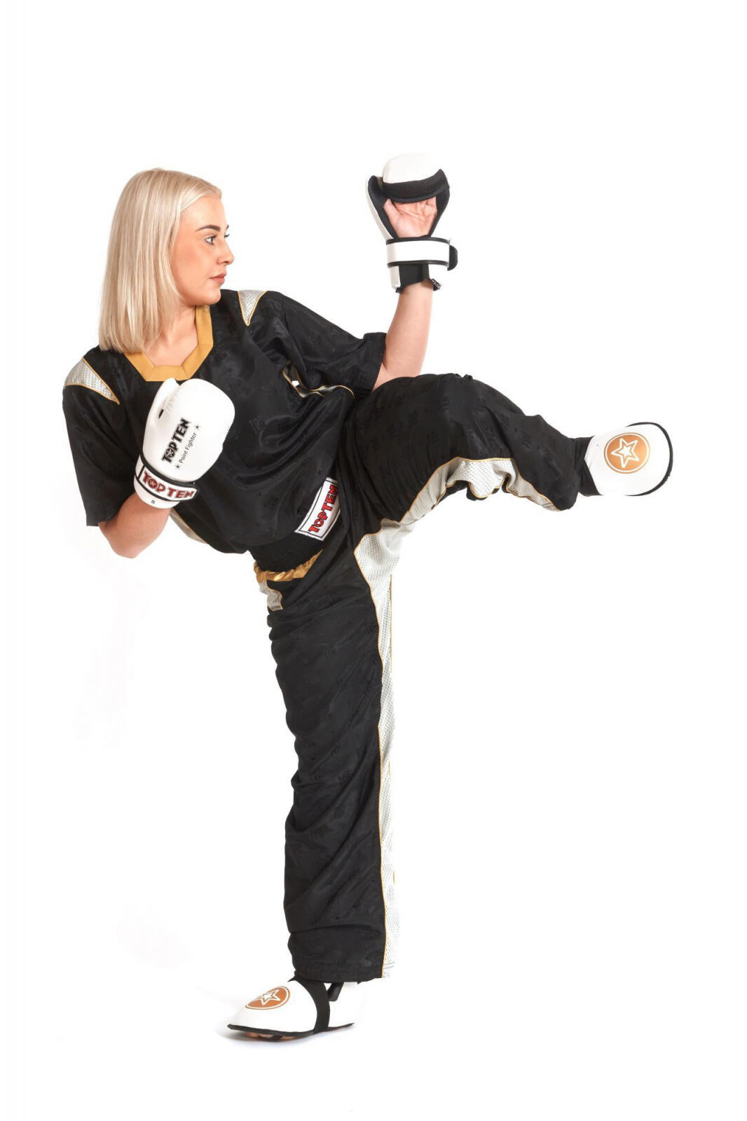 Uniforma Kickboxing TTM, aprobat WAKO, Top Ten, Negru-Gold, 140 cm