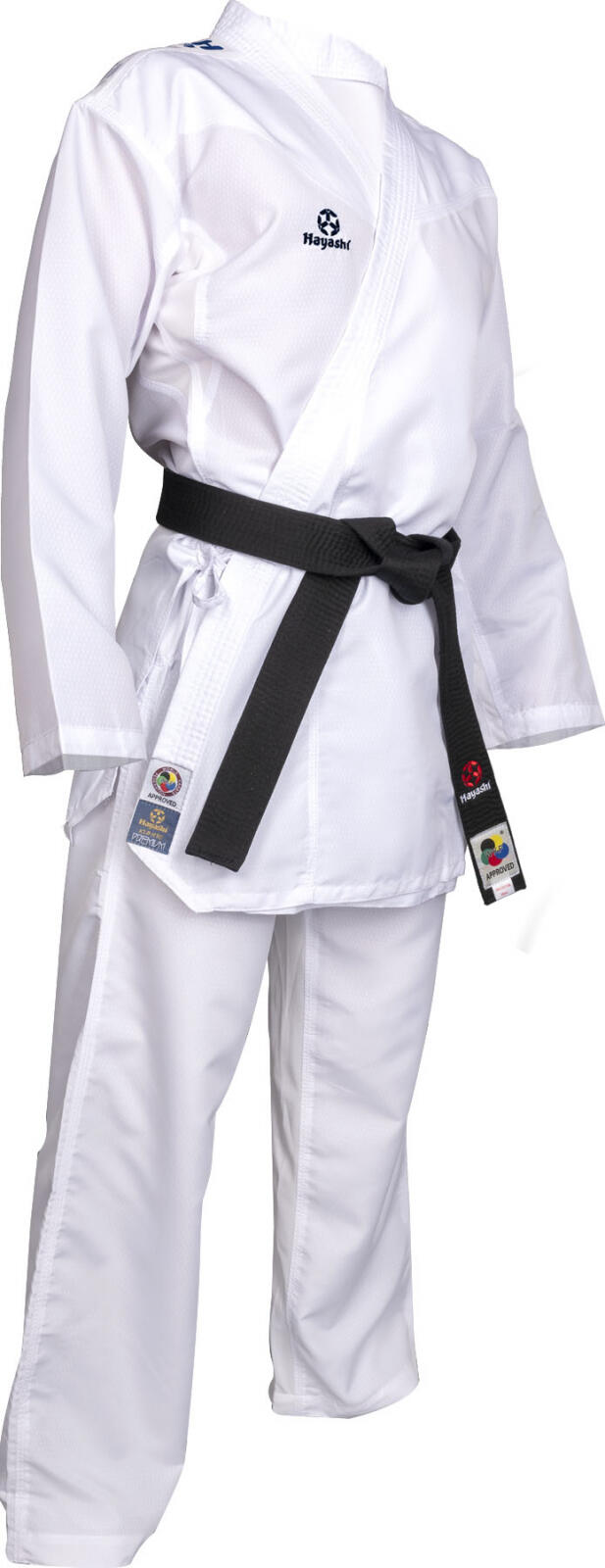Karate-Gi Premium Kumite, WKF, Hayashi, Alb cu broderie albastra, 200 cm