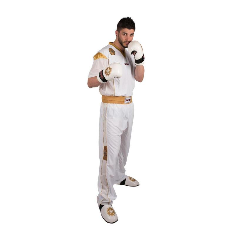 Uniformă Kickboxing „Star Edition”, aprobat WAKO, Top Ten, Alb-Auriu, 130 cm