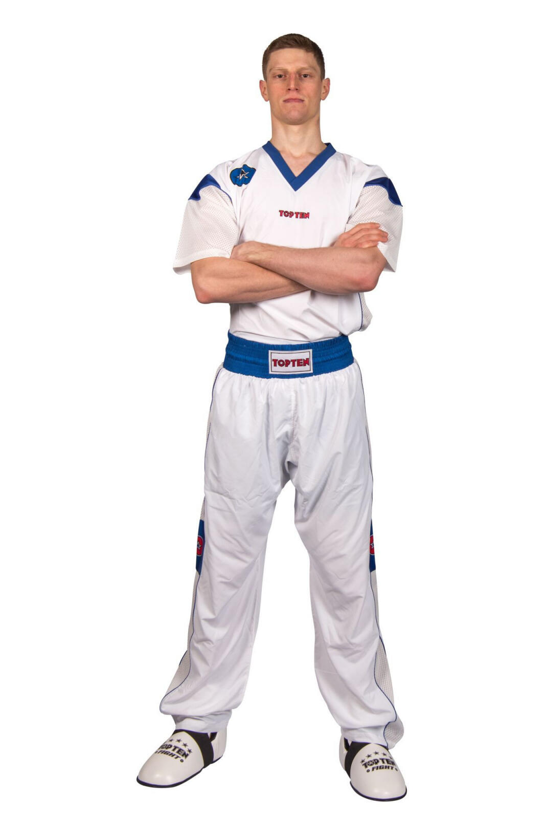 Uniformă Kickboxing „Star Edition”, aprobat WAKO, Top Ten, Alb-Albastru, 150 cm