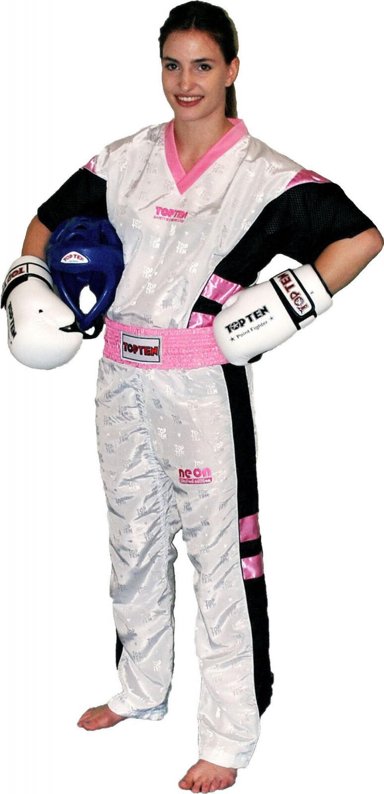 Uniformă Kickboxing NEON Limited, aprobat WAKO, Top Ten, Alb-Roz, 180 cm