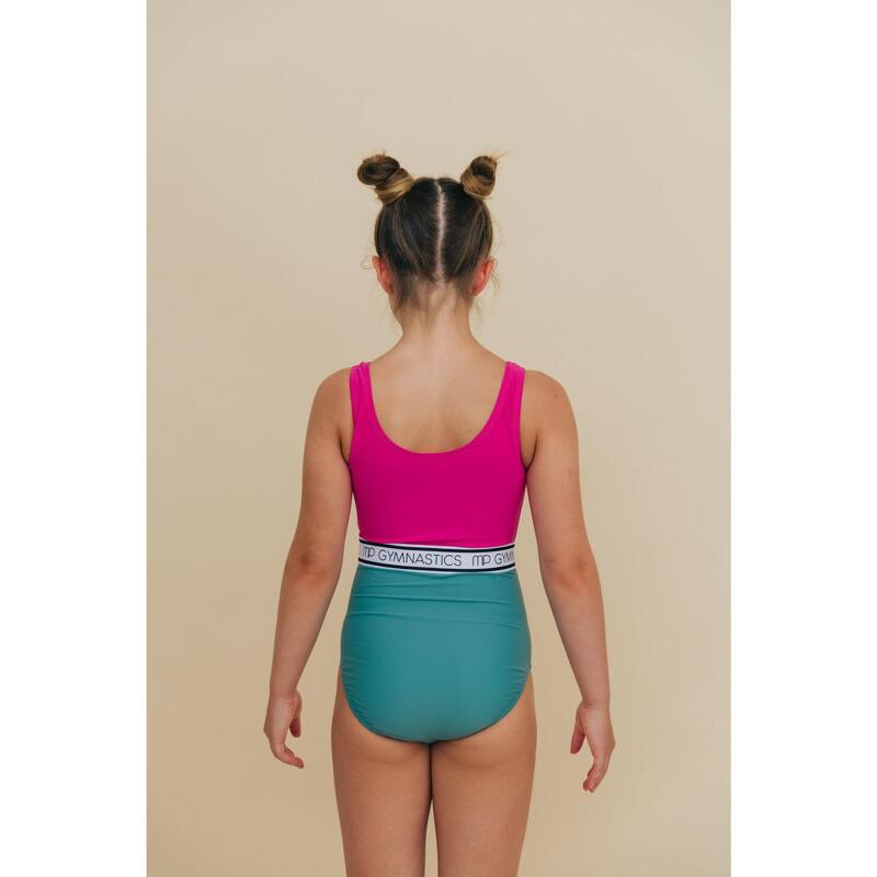 Knalroze en groenblauwe gym maillot voor meisjes