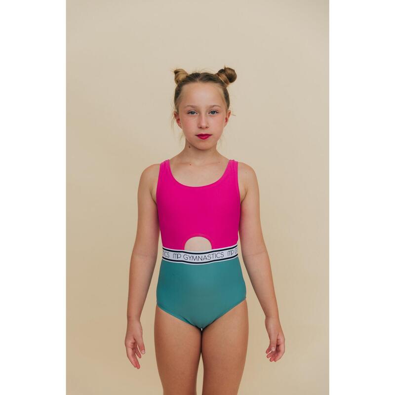 Knalroze en groenblauwe gym maillot voor meisjes