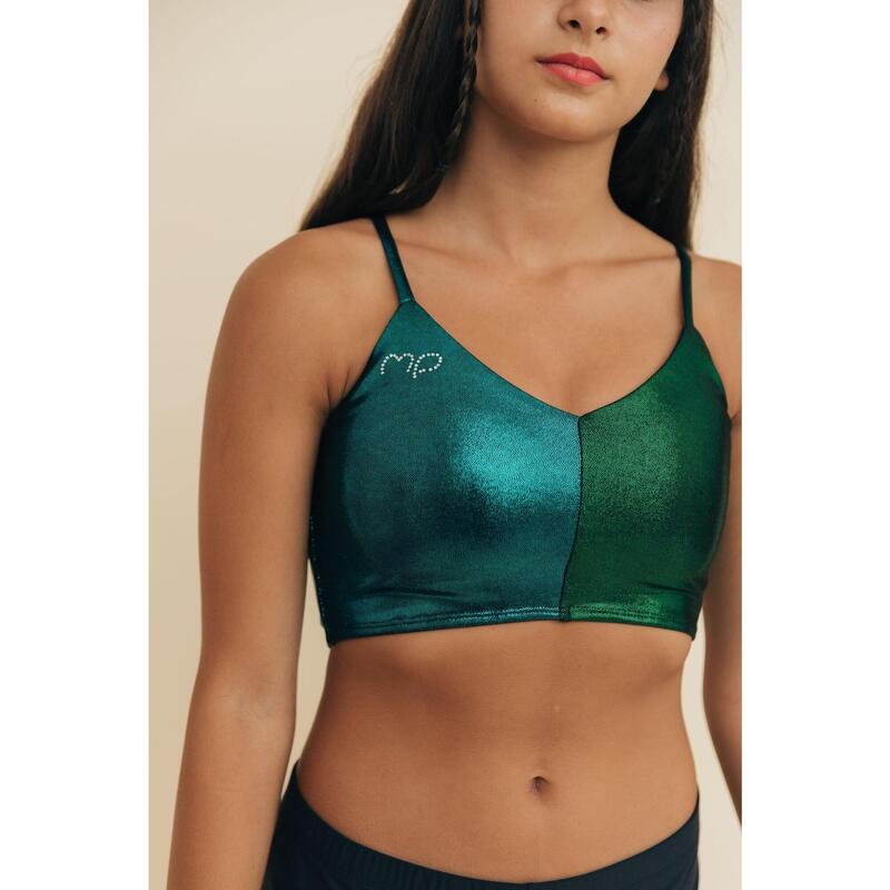 Top de Ginática Swirl Brilhante Verde e Azul Mulher