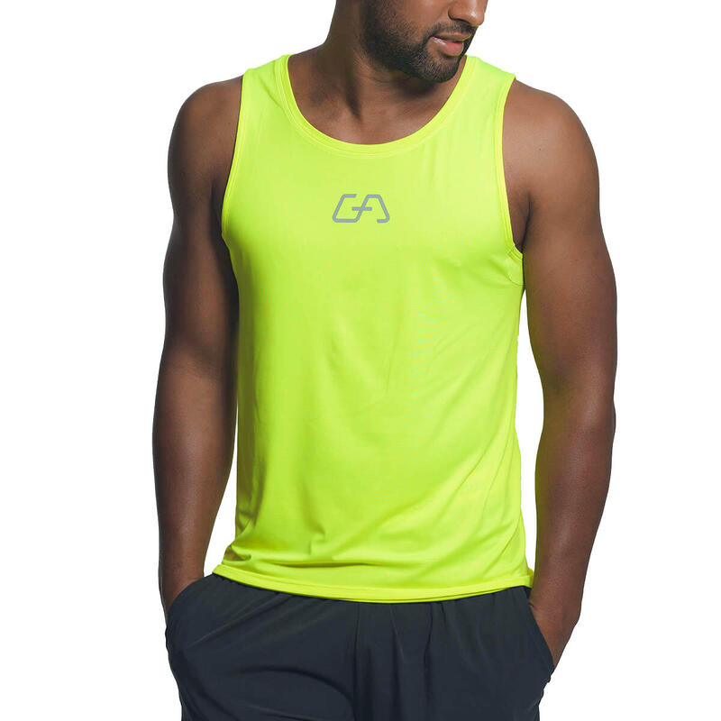 Men Printed Wicking Anti-Odor Running Sports Vest Tank Top Singlet - Lime Yellow