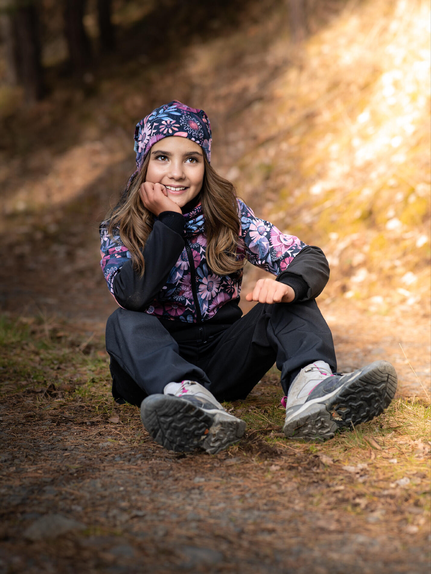 Softshell-Hose mit Fleece für Kinder Basic, Schwarz, Magische Blumen 6/7