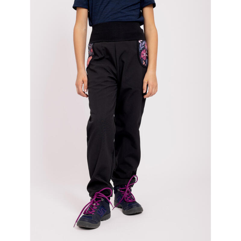 Dětské softshellové kalhoty s fleecem Basic, Černá, Kouzelné květiny