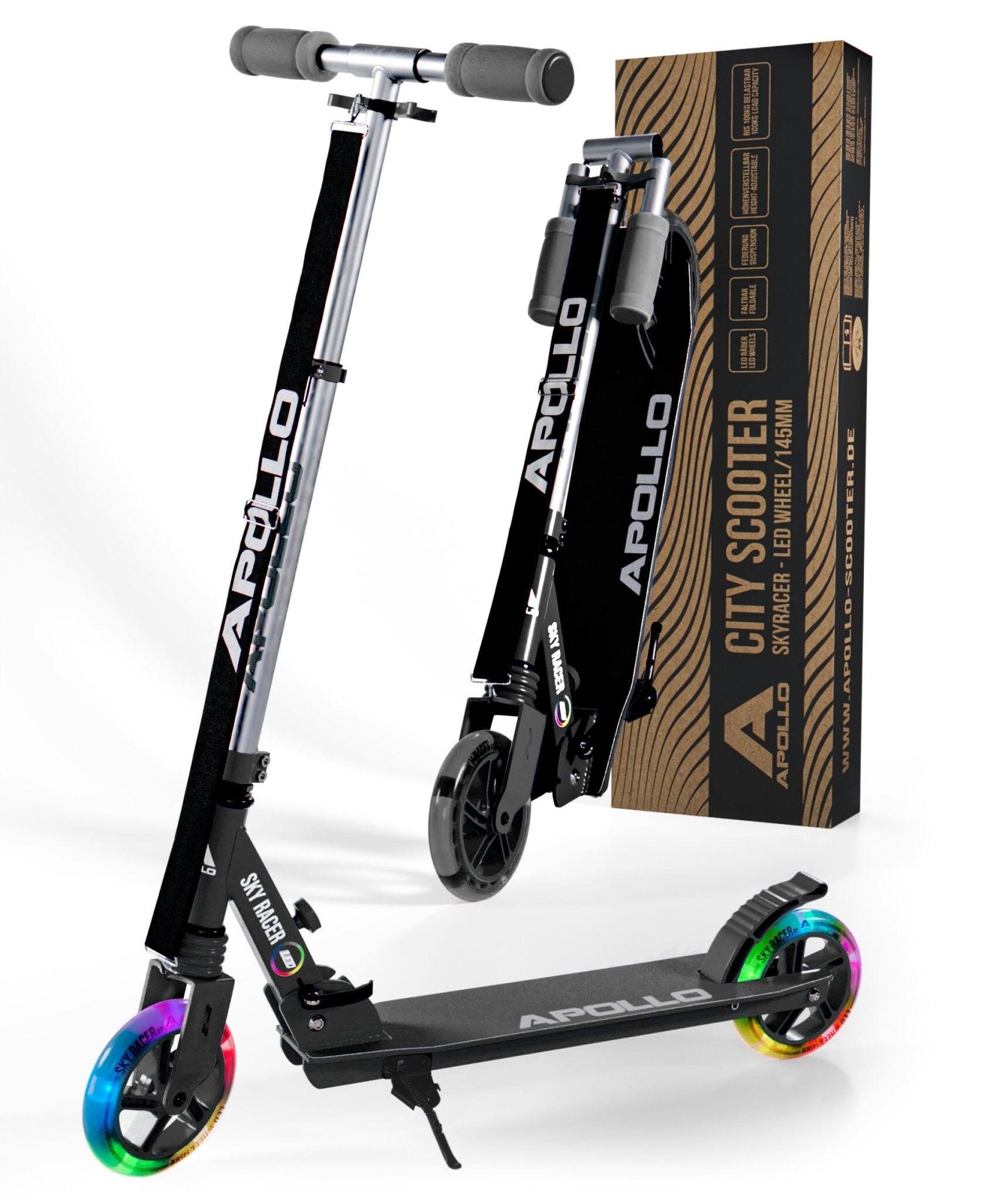 APOLLO 145mm City Scooter SKYRACER LED, Federung, Klappbar, Verstellbar - Schwarz