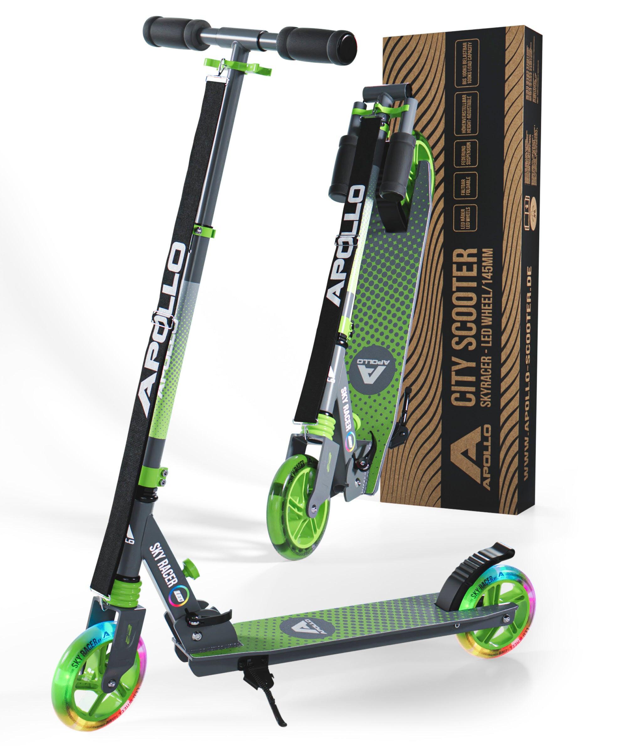 APOLLO 145mm City Scooter SKYRACER LED, Federung, Klappbar, Verstellbar – Grün