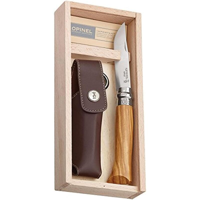 Set cadeau couteau No. 8 + étui pliant de poche olives bois