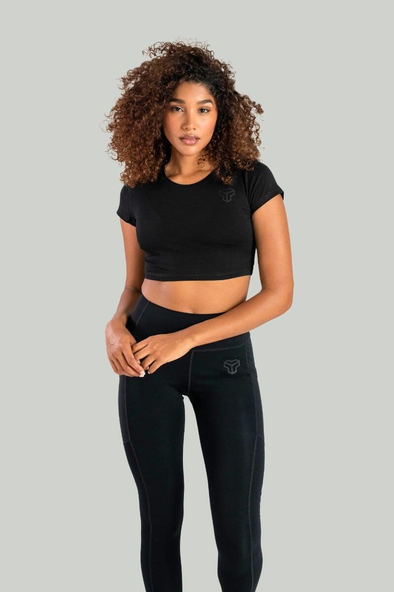 Donna palestra top corto maniche corte nero Essential 5/7