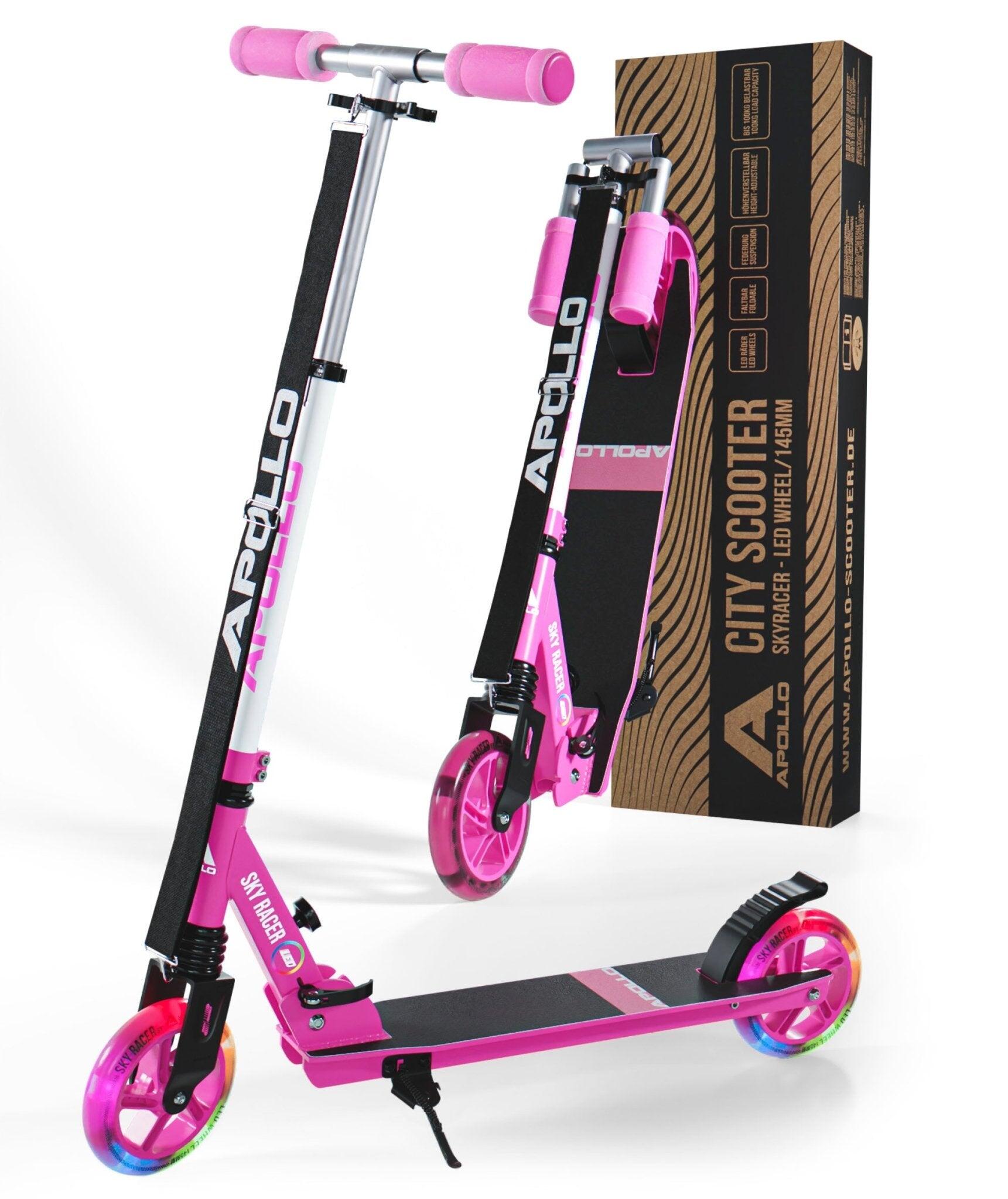 APOLLO Patinete Infantil SKYRACER LED, Ruedas 145 mm, Plegable y Ajustable - Rosa