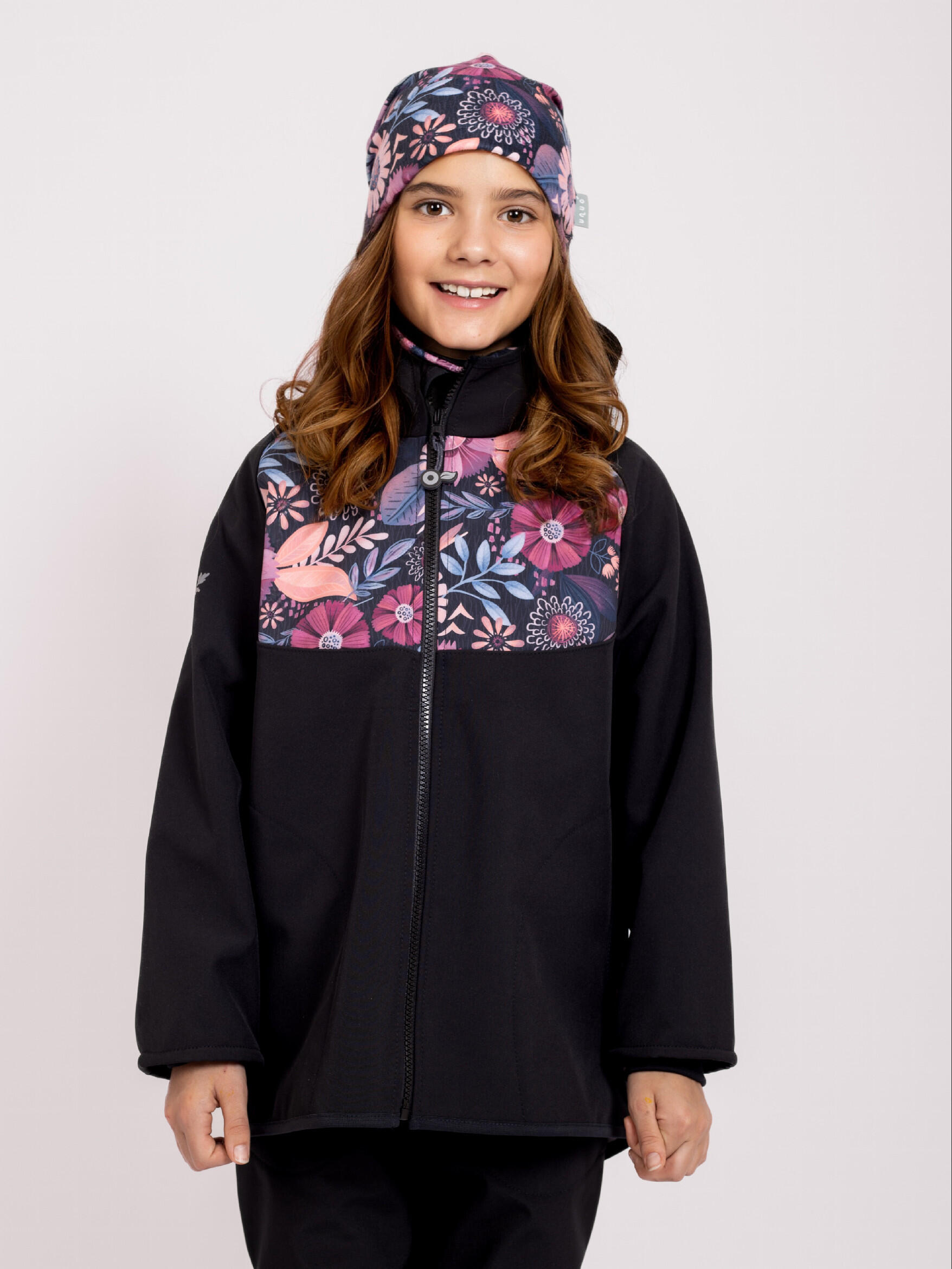 Kurtka softshellowa dziecięca z polarem Basic, czarny, Magic Flowers 2/7
