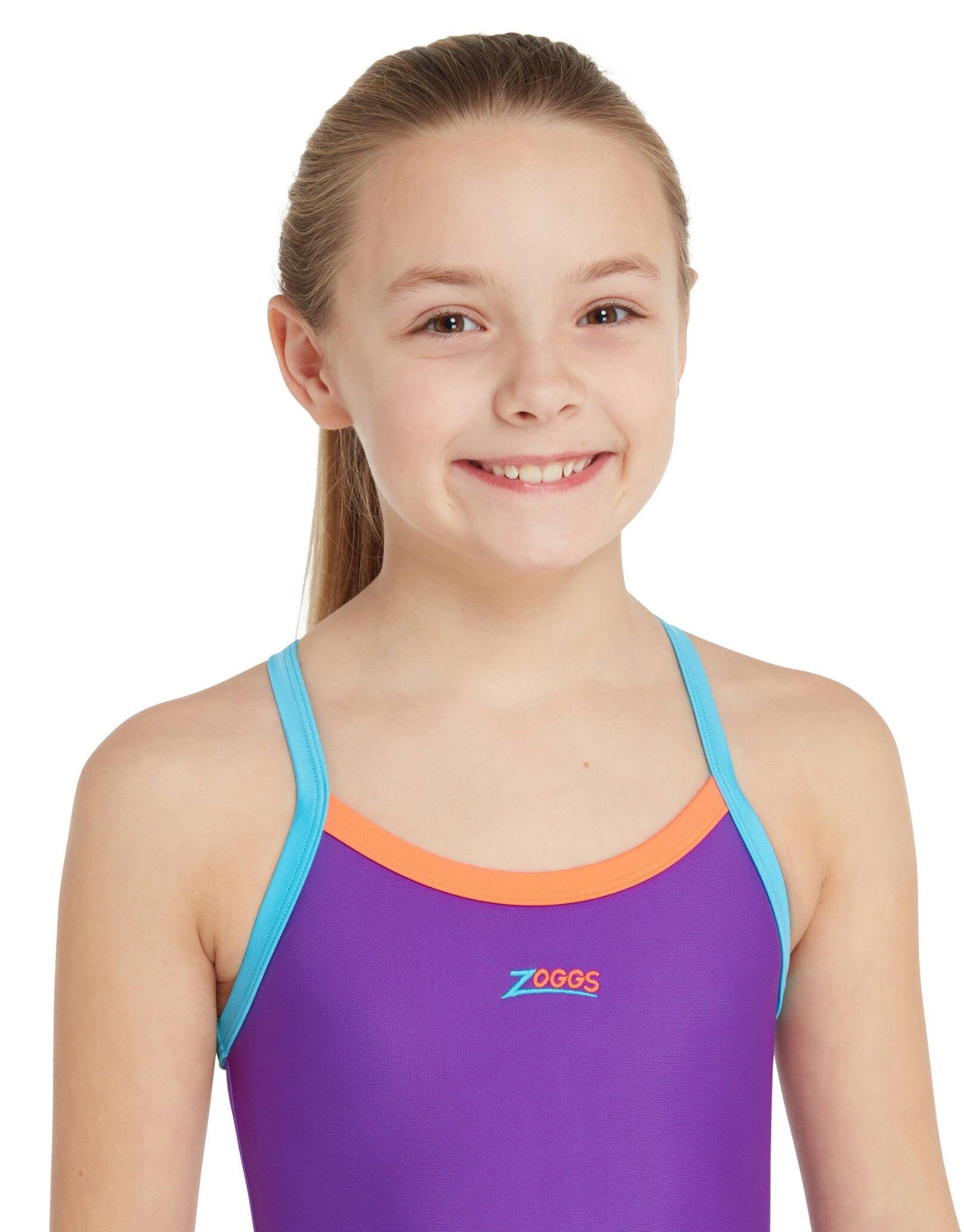 Zoggs Girls Kerrawa Strikeback Swimsuit - Purple/Light Blue/Red 3/5