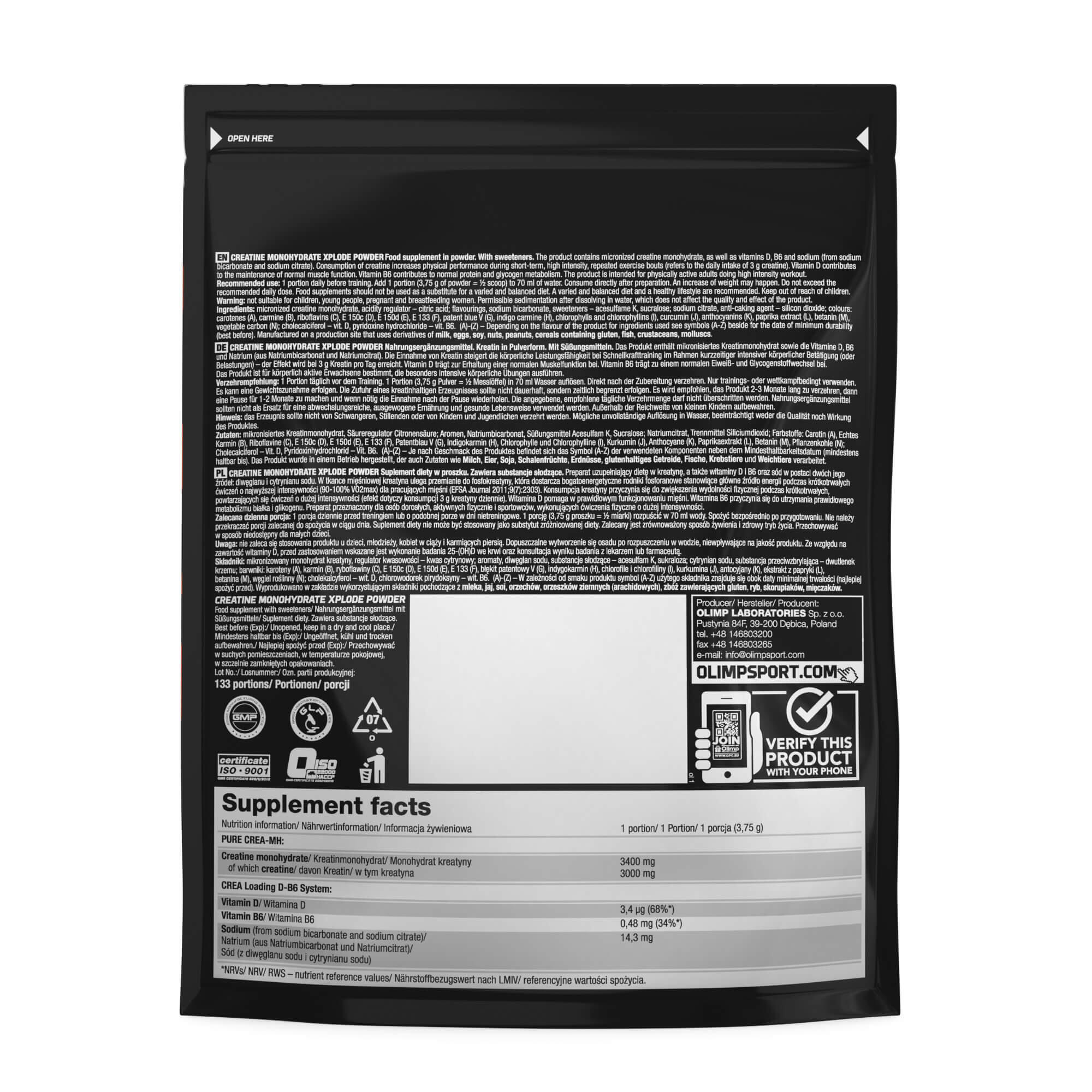 Creatine Monohydrate Xplode Powder OLIMP 500 g Pomarańcza worek 2/3