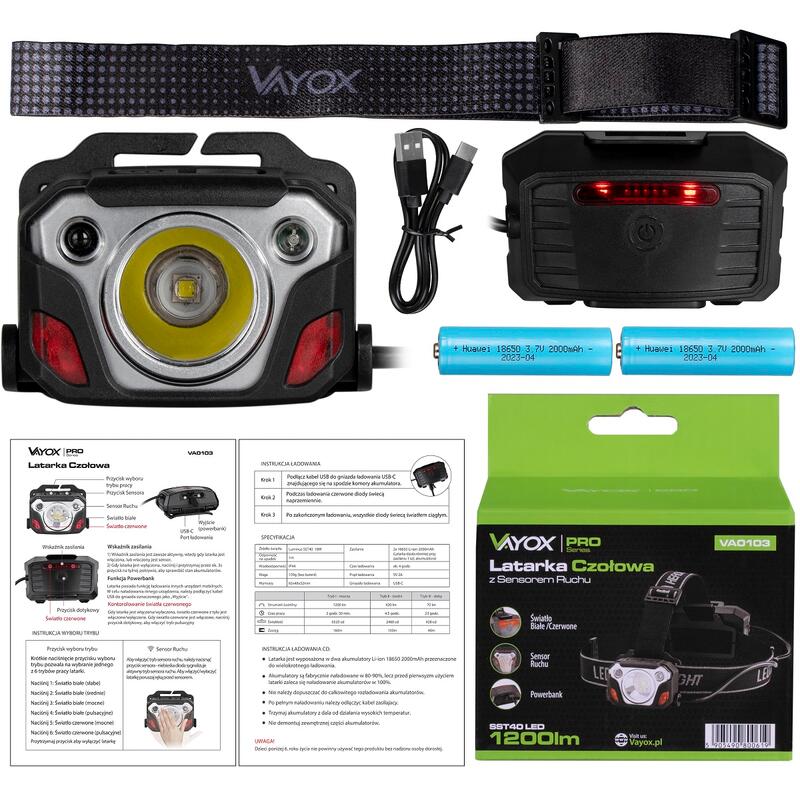 Vayox VA0103 1200lm hoofdlamp, SST40 10W 6500K, oplaadbaar, USB-C