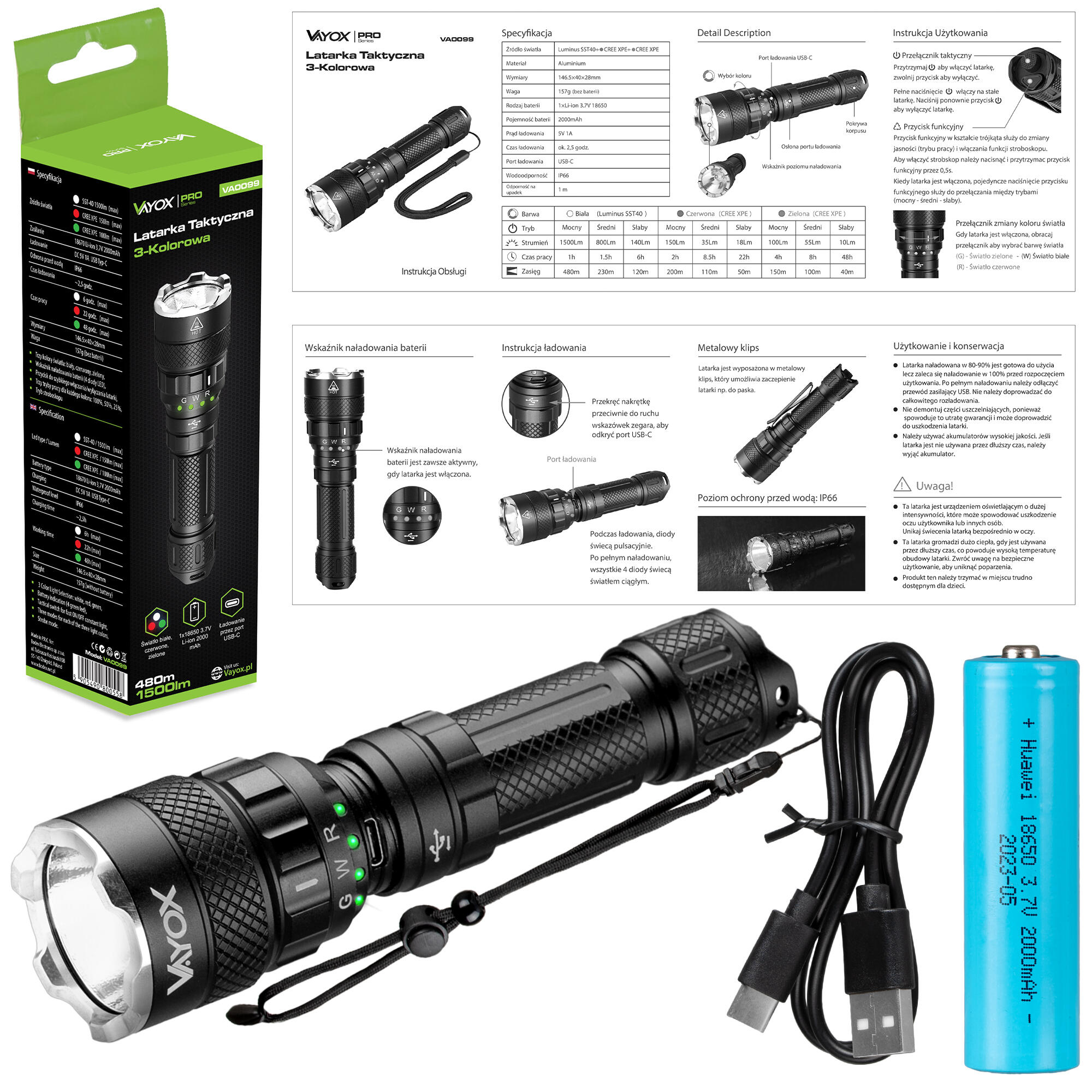 Vayox VA0099 zaklamp, 1500lm, SST40 15W 6500K, oplaadbaar, 3 kleuren 7/7