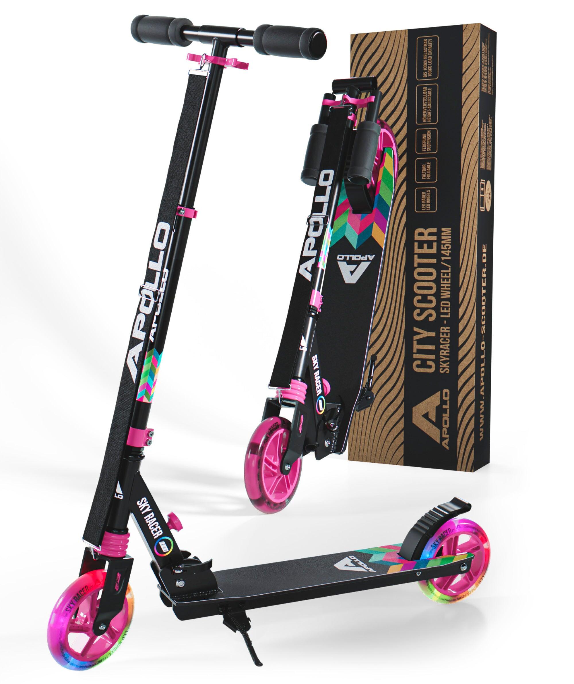 APOLLO 145mm City Scooter SKYRACER LED, Federung, Klappbar, Verstellbar – Bunt